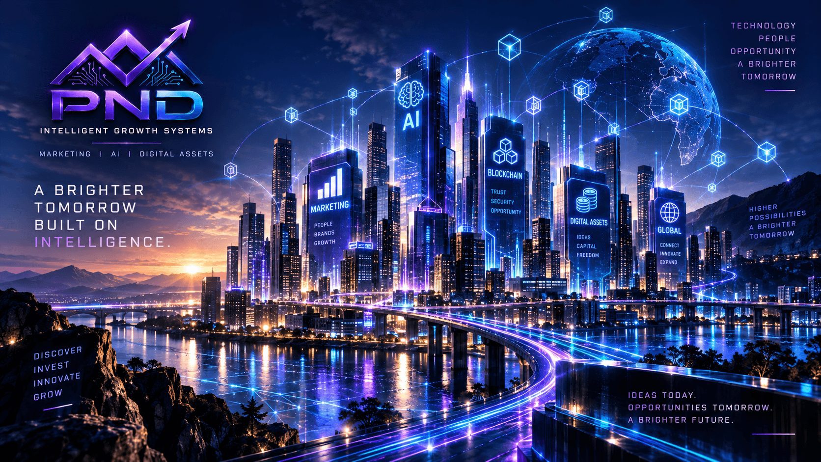 Futuristic digital city representing the convergence of artificial intelligence, marketing, blockchain, digital assets and emerging technology.